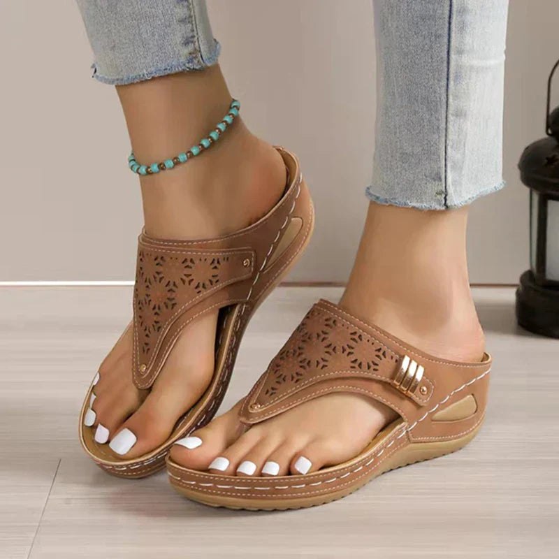 Laser-cut thong wedge sandals for women by Christine Brewer, featuring orthopedic support, soft insoles, and slip-resistant soles.