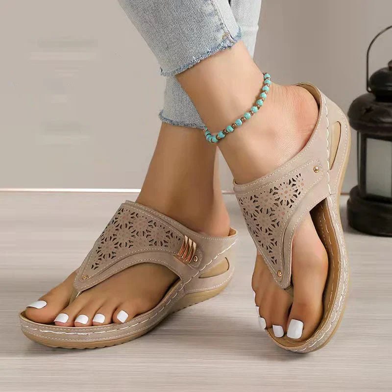 Laser-cut thong wedge sandals for women by Christine Brewer featuring orthopedic support, soft insoles, and anti-slip soles.