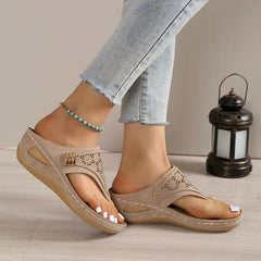 Laser-cut thong wedge sandals for women by Christine Brewer, featuring orthopedic support, soft footbed, and anti-slip soles.