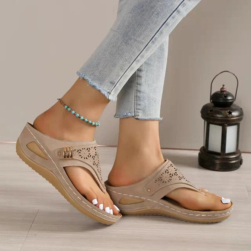 Laser-cut thong wedge sandals for women by Christine Brewer, featuring orthopedic support, soft footbed, and anti-slip soles.