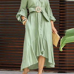 White high-low puff sleeve pleated maxi dress with lapel collar by Christine Brewer, featuring elegant solid color design.