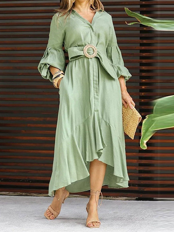 White high-low puff sleeve pleated maxi dress with lapel collar by Christine Brewer, featuring elegant solid color design.