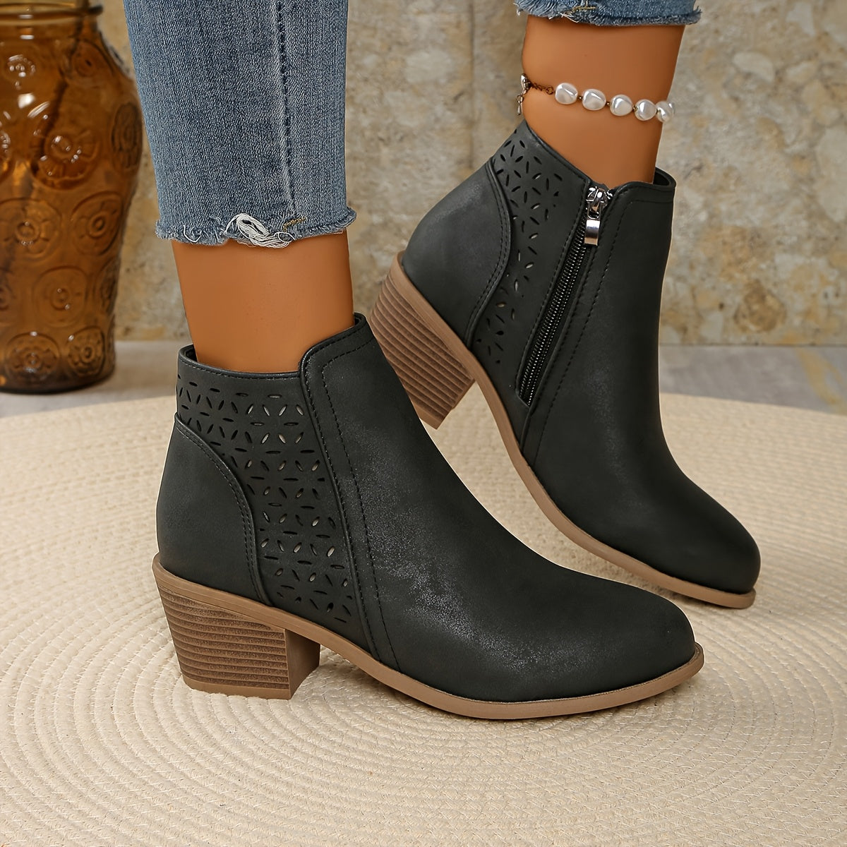 Talen | Ankle Boots Booties Women Winter Fall Laser Cut Cutout Breathable Wide Heel Heeled