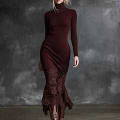 Burgundy lace maxi dress by Christine Brewer, elegant evening dress with intricate lace details and flowing silhouette.
