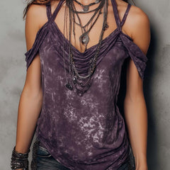 Purple boho tie-dye cami top with strappy details for women, featuring short sleeves and a relaxed fit by Christine Brewer.