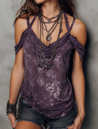 Purple boho tie-dye cami top with strappy details for women, featuring short sleeves and a relaxed fit by Christine Brewer.