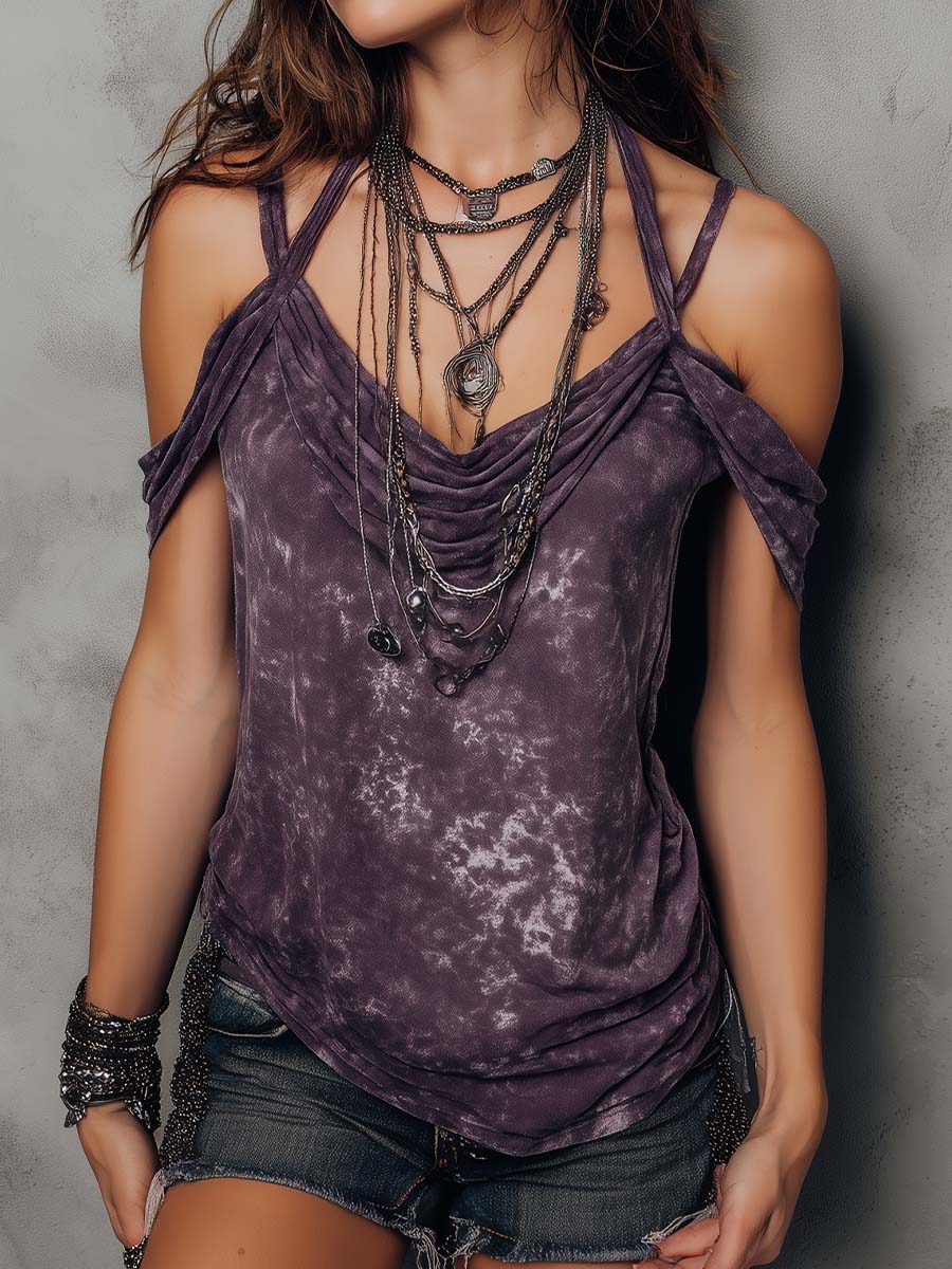 Purple boho tie-dye cami top with strappy details for women, featuring short sleeves and a relaxed fit by Christine Brewer.