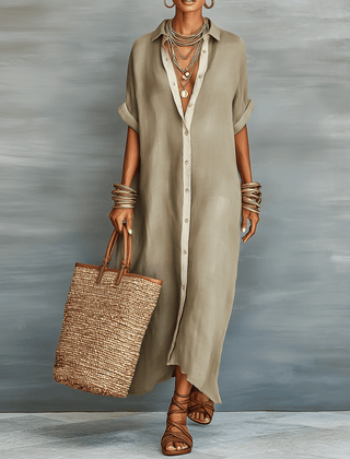 Light beige linen maxi dress for women by Christine Brewer, flowing fabric, sleeveless design, perfect for warm weather.