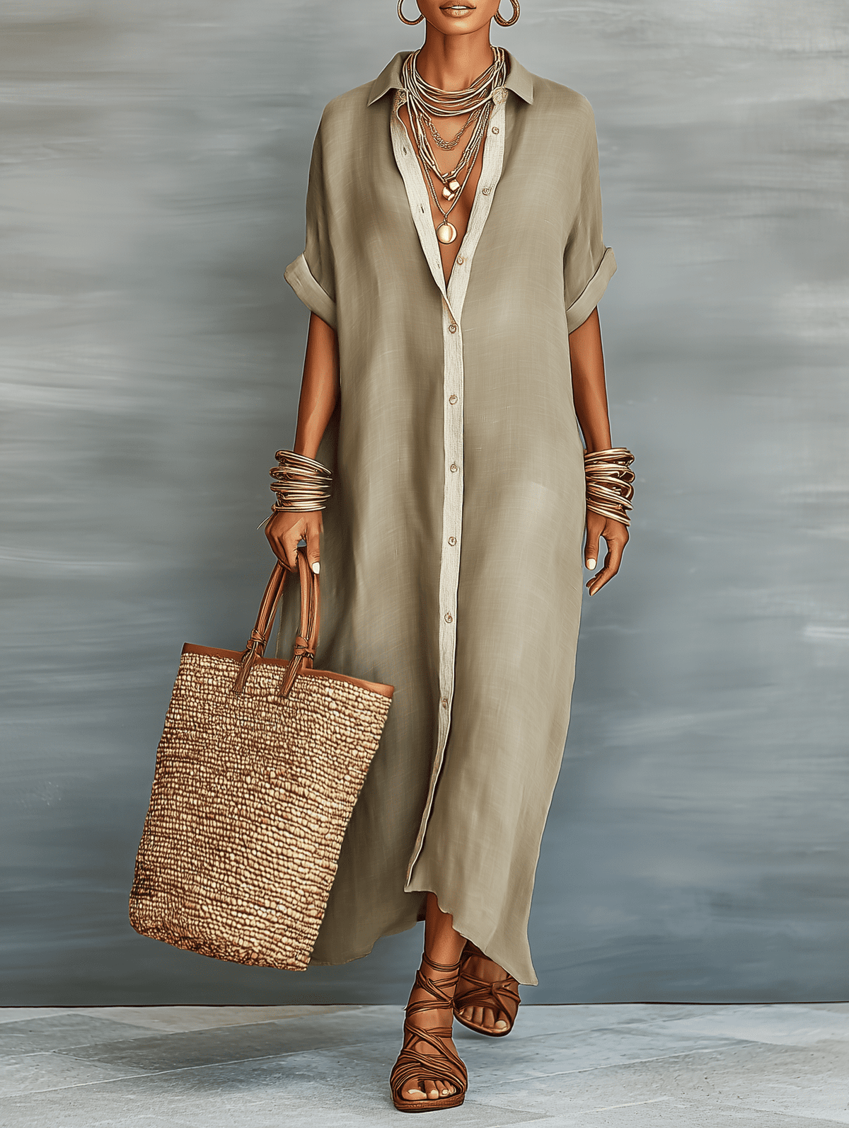 Light beige linen maxi dress for women by Christine Brewer, flowing fabric, sleeveless design, perfect for warm weather.