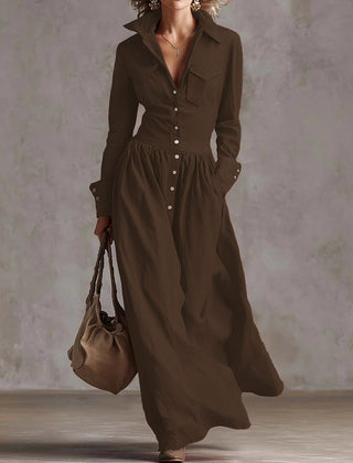Christine Brewer high waisted long sleeve maxi dress with pleated pockets, button details, solid color, and split-joint lapel.