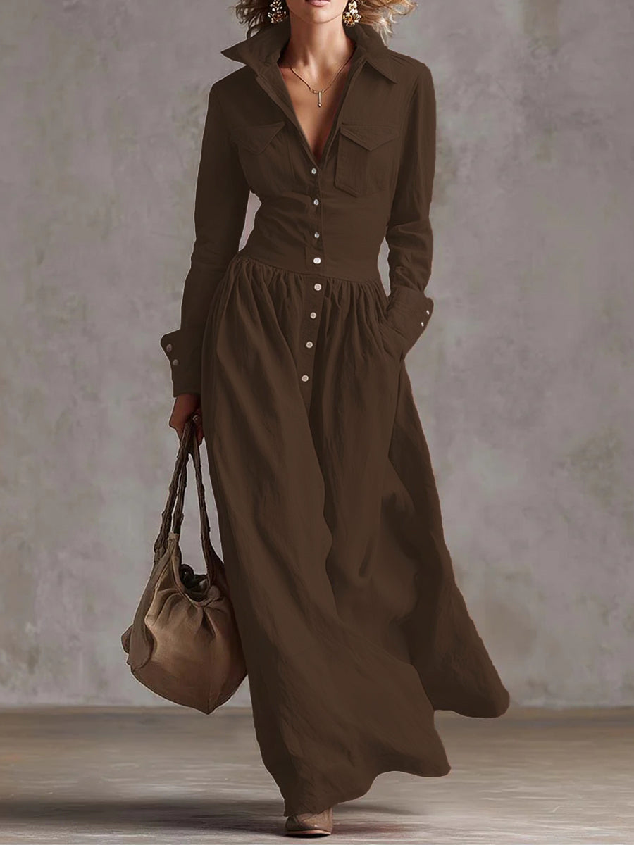 Christine Brewer high waisted long sleeve maxi dress with pleated pockets, button details, solid color, and split-joint lapel.