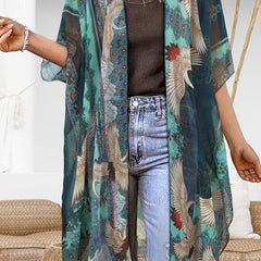Plus size women’s Kimono cardigan by Christine Brewer with open front, semi-sheer fabric, side slits, and lightweight top style.