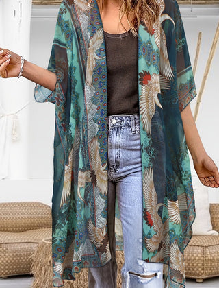 Plus size women’s Kimono cardigan by Christine Brewer with open front, semi-sheer fabric, side slits, and lightweight top style.