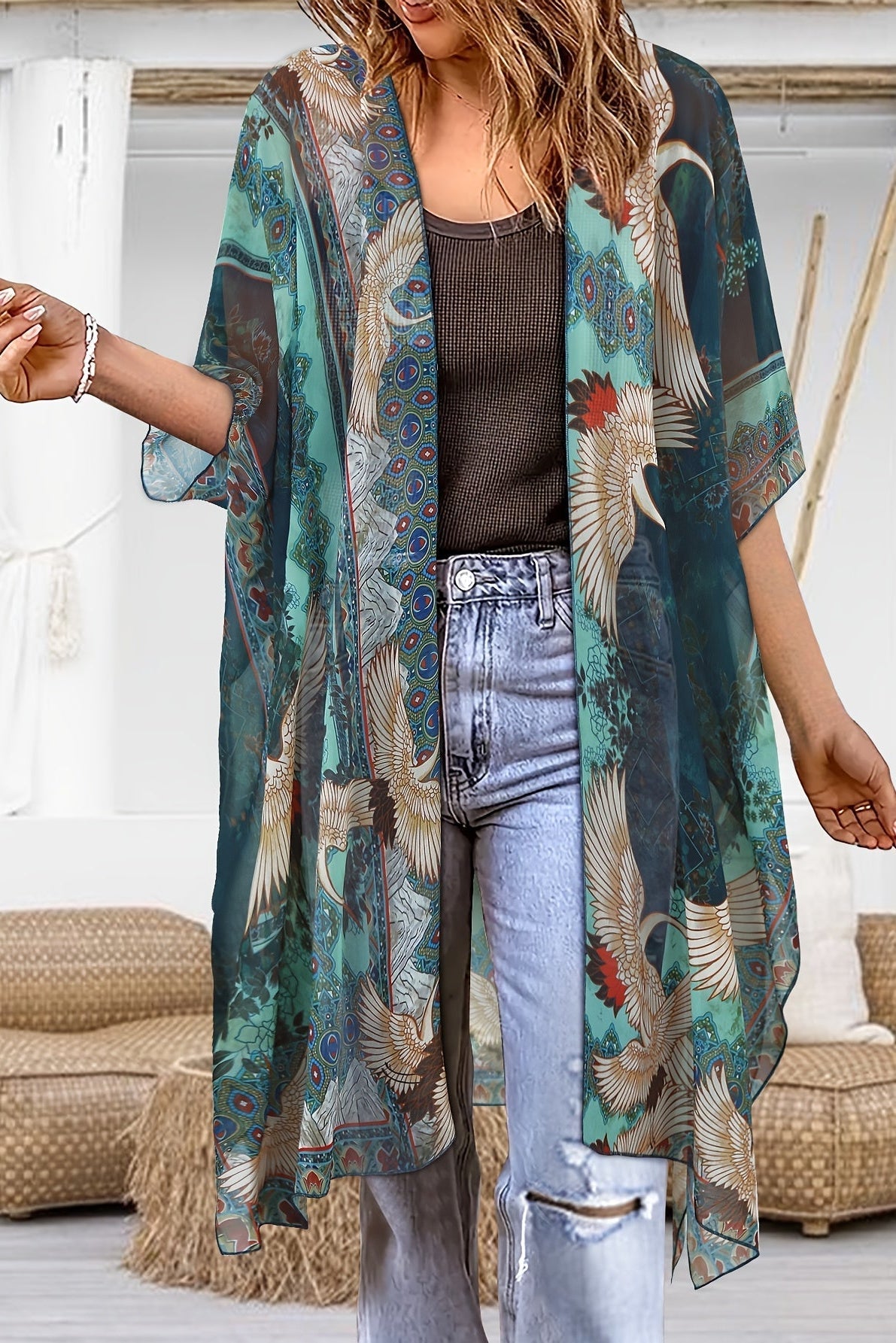 Plus size women’s Kimono cardigan by Christine Brewer with open front, semi-sheer fabric, side slits, and lightweight top style.