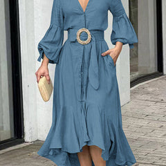 White high-low puff sleeve pleated maxi dress with lapel collar by Christine Brewer, featuring a flowing silhouette and elegant design.