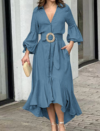 White high-low puff sleeve pleated maxi dress with lapel collar by Christine Brewer, featuring a flowing silhouette and elegant design.