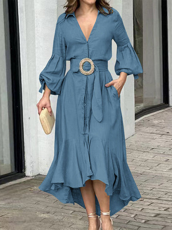 White high-low puff sleeve pleated maxi dress with lapel collar by Christine Brewer, featuring a flowing silhouette and elegant design.