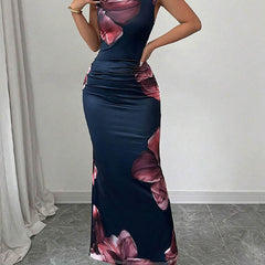 White bodycon sleeveless contrast color flower print maxi dress by Christine Brewer, featuring a round neck and elegant design.
