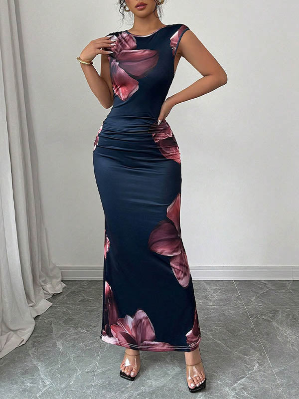 White bodycon sleeveless contrast color flower print maxi dress by Christine Brewer, featuring a round neck and elegant design.