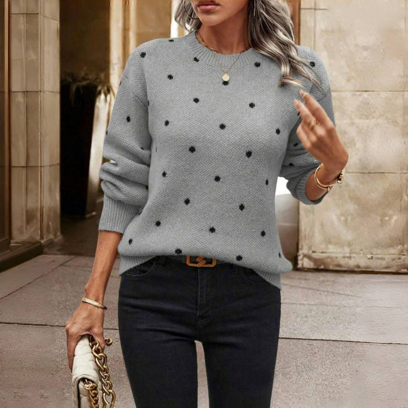 Christine Brewer Shelby polka dot sweater for women, featuring a stylish knit design with white and black dots on a cozy fabric.