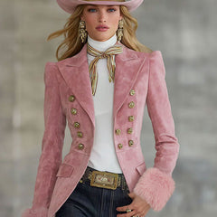 Pink faux suede and fur blazer with multi-button lapel, stylish jacket from Christine Brewer, featuring a soft, textured finish.
