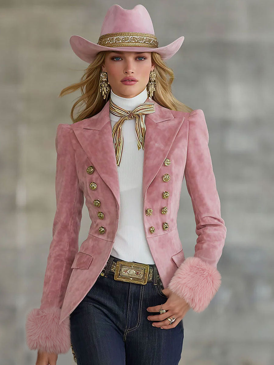 Pink faux suede and fur blazer with multi-button lapel, stylish jacket from Christine Brewer, featuring a soft, textured finish.