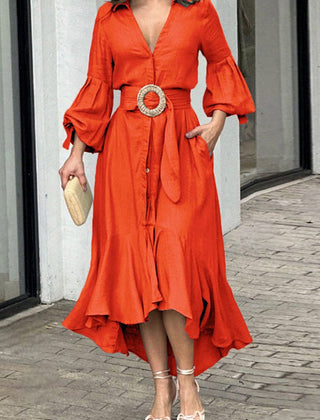 White Christine Brewer maxi dress with high-low puff sleeves, pleated design, solid color, and lapel collar.