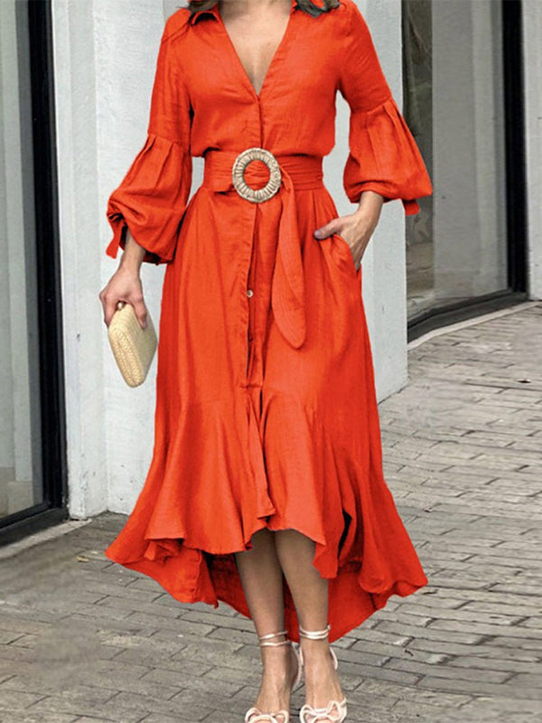 White Christine Brewer maxi dress with high-low puff sleeves, pleated design, solid color, and lapel collar.