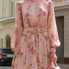 Blush floral chiffon A-line midi dress for women by Christine Brewer, featuring a flowy design with floral pattern.