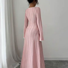 White A-line bodycon ribbed knit maxi dress with split-joint square neckline by Christine Brewer, showing the fitted silhouette and stylish design.