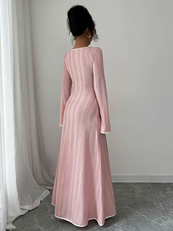 White A-line bodycon ribbed knit maxi dress with split-joint square neckline by Christine Brewer, showing the fitted silhouette and stylish design.