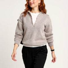 Christine Brewer women's wool hoodie sweater, cozy knit hoodie with a relaxed fit and ribbed cuffs, in a neutral color.