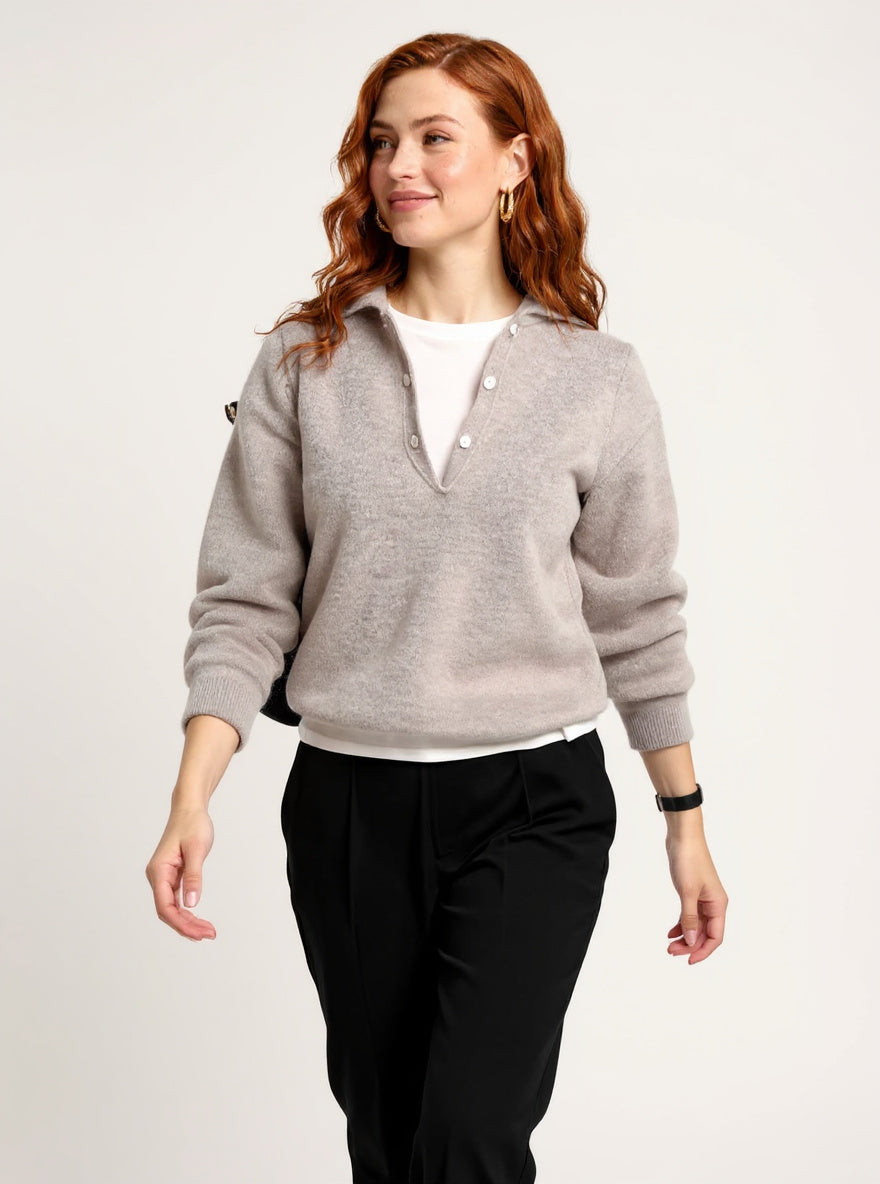 Christine Brewer women's wool hoodie sweater, cozy knit hoodie with a relaxed fit and ribbed cuffs, in a neutral color.