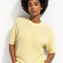 Wool sweater for women in beige with ribbed cuffs and neckline, by Christine Brewer, featuring a cozy, stylish fit.