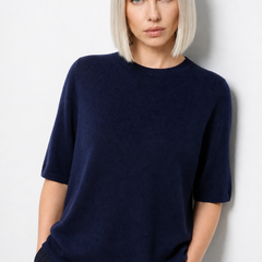 Christine Brewer Frankie wool sweater for women showing a cozy, knit sweater in a neutral color on a model.