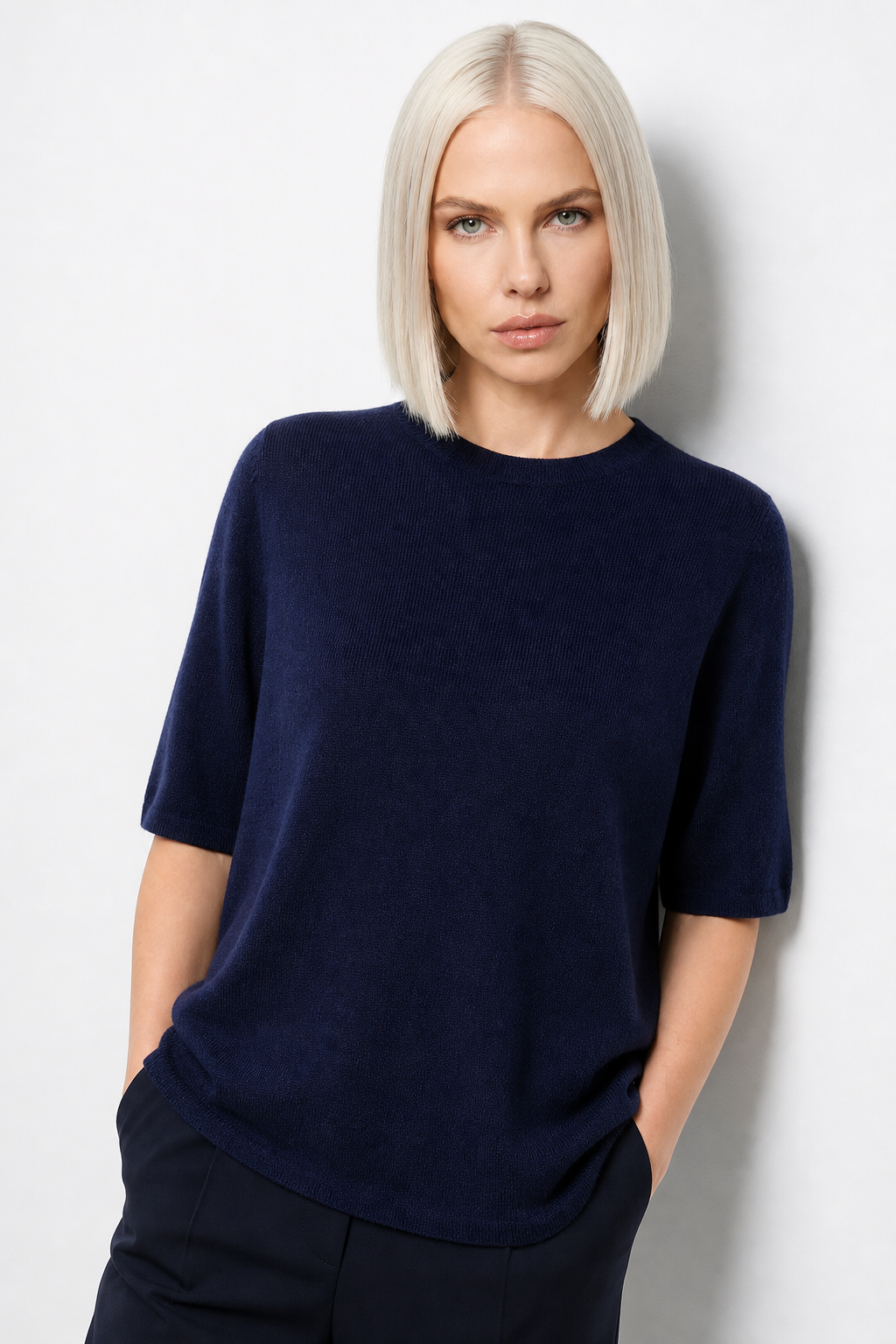 Christine Brewer Frankie wool sweater for women showing a cozy, knit sweater in a neutral color on a model.