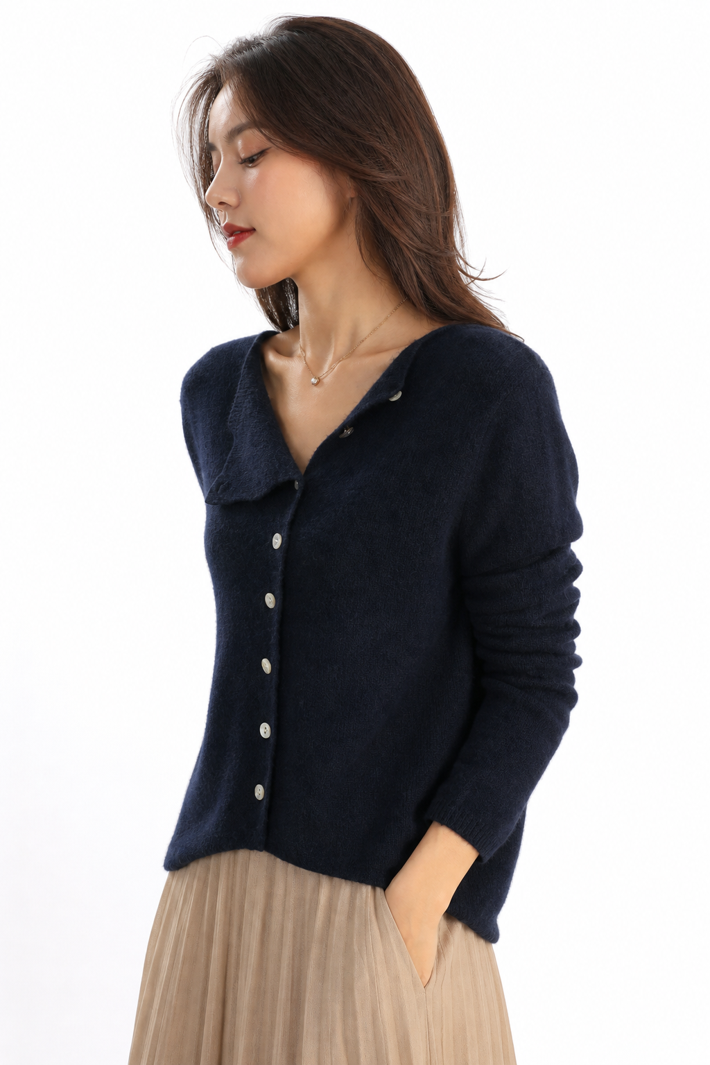 Dorothy knit sweater for women by Christine Brewer, featuring a cozy, fitted design in soft, neutral fabric.