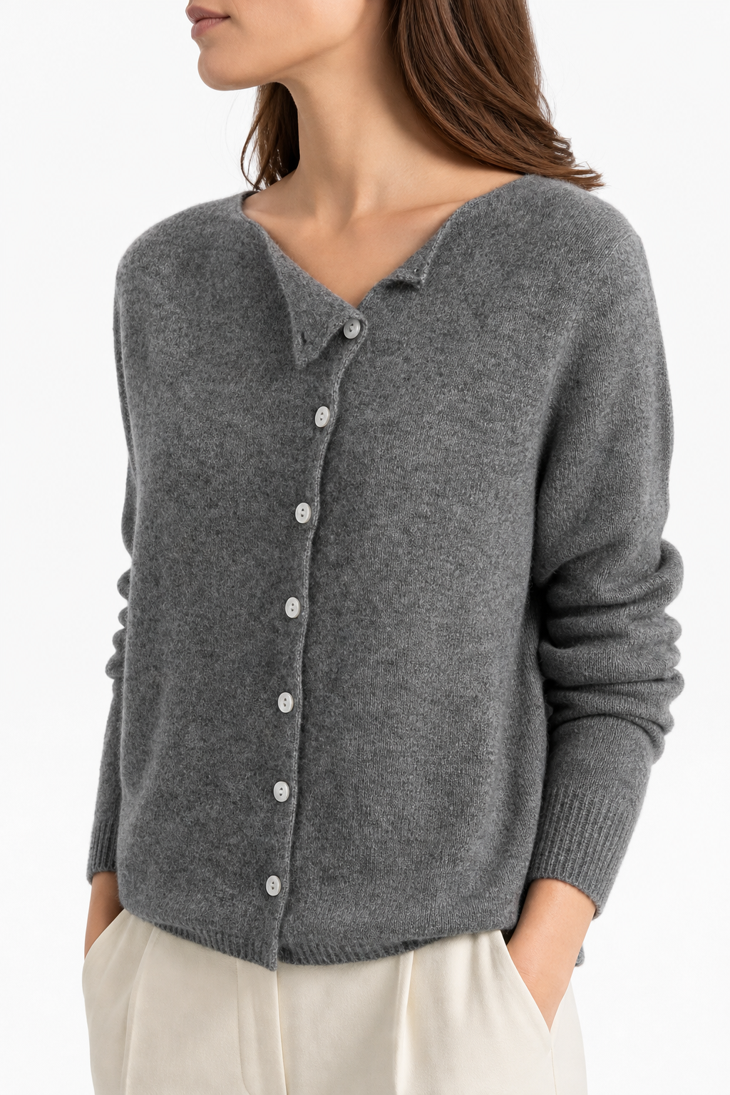 Dorothy knit sweater for women by Christine Brewer, featuring a cozy design in soft fabric, shown laid flat.