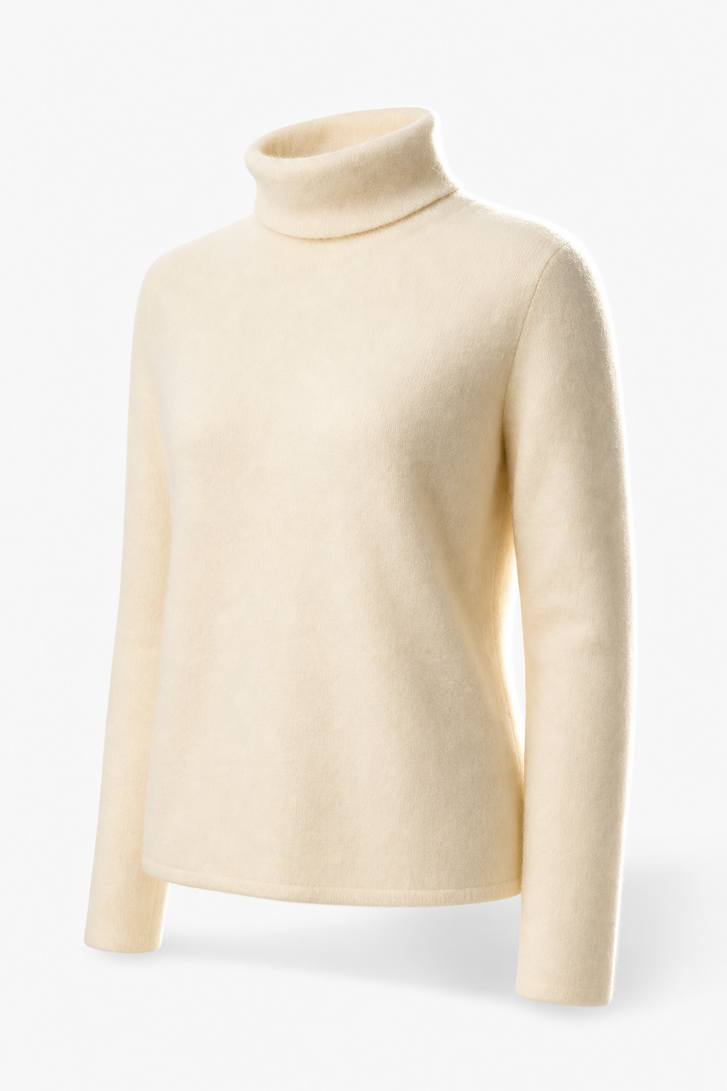 Cream-colored cashmere turtleneck sweater for women from Christine Brewer, showcasing a cozy, stylish fit and soft fabric.