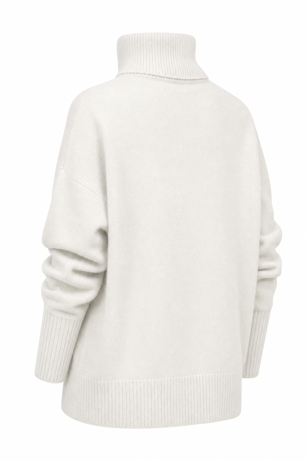 Cream-colored Erica oversized women's turtleneck sweater by Christine Brewer, featuring a cozy, relaxed fit and ribbed knit design.