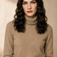 Cream-colored Gabrielle cashmere turtleneck sweater for women, styled with a relaxed fit and ribbed cuffs, by Christine Brewer.