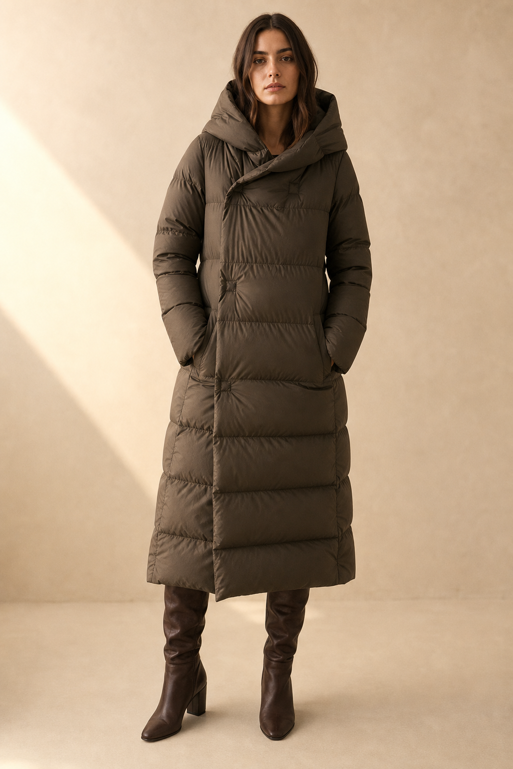 Long hooded women's parka by Christine Brewer featuring a stylish design and a warm, adjustable hood.