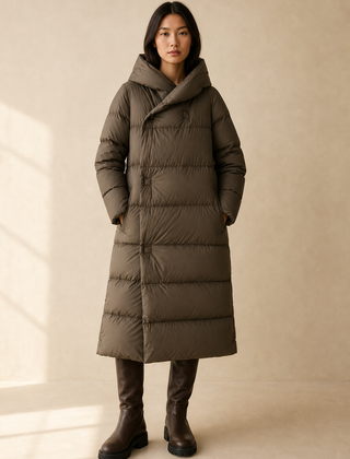 Long hooded parka for women by Christine Brewer, featuring a stylish design and warm, functional outerwear for cold weather.