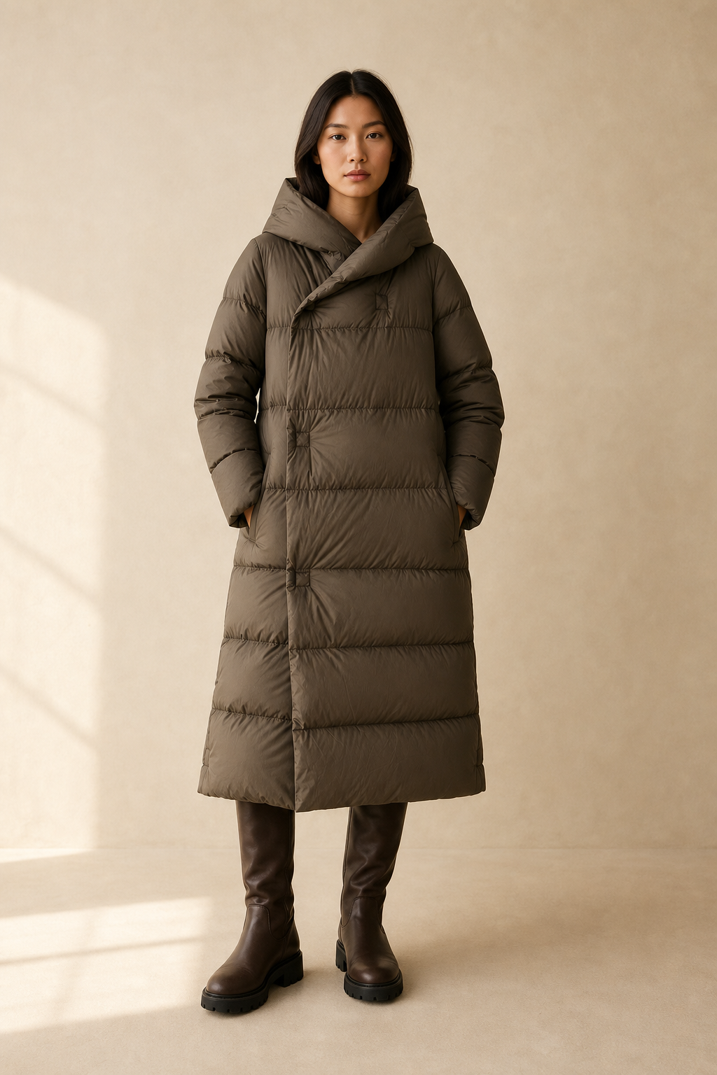 Long hooded parka for women by Christine Brewer, featuring a stylish design and warm, functional outerwear for cold weather.