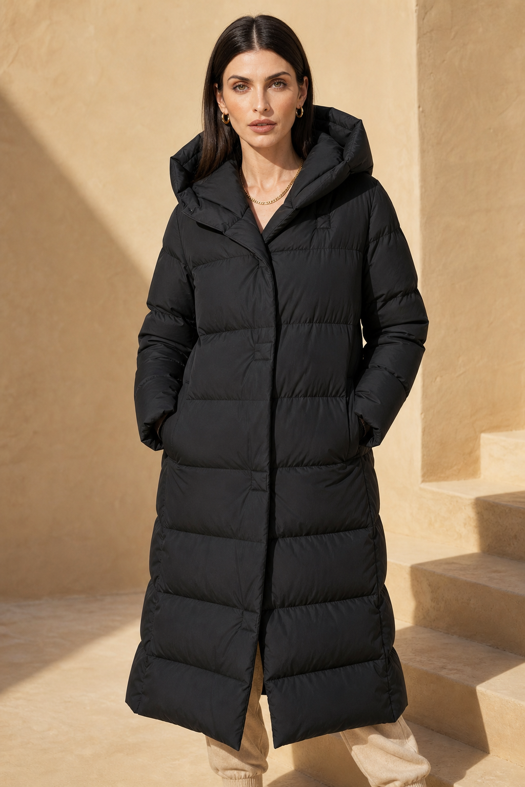 Long hooded parka for women by Christine Brewer, featuring a stylish design with a front zipper and cozy hood.