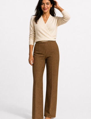 Christine Brewer Gwen cashmere V-neck sweater for women, soft knit fabric, fitted design, in a neutral color.