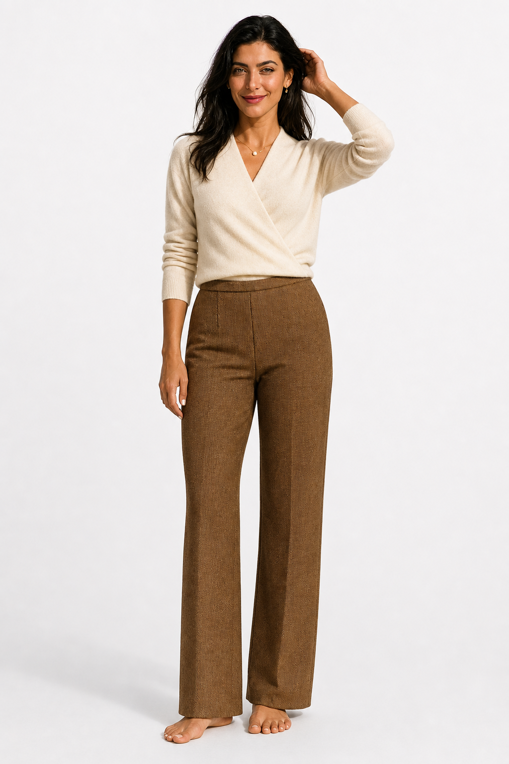 Christine Brewer Gwen cashmere V-neck sweater for women, soft knit fabric, fitted design, in a neutral color.