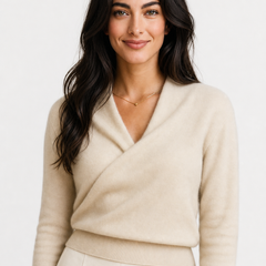 Helen cashmere sweater for women by Christine Brewer, soft beige knit with a relaxed fit and classic crew neckline.