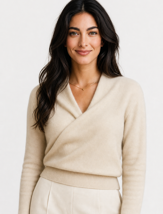 Helen cashmere sweater for women by Christine Brewer, soft beige knit with a relaxed fit and classic crew neckline.