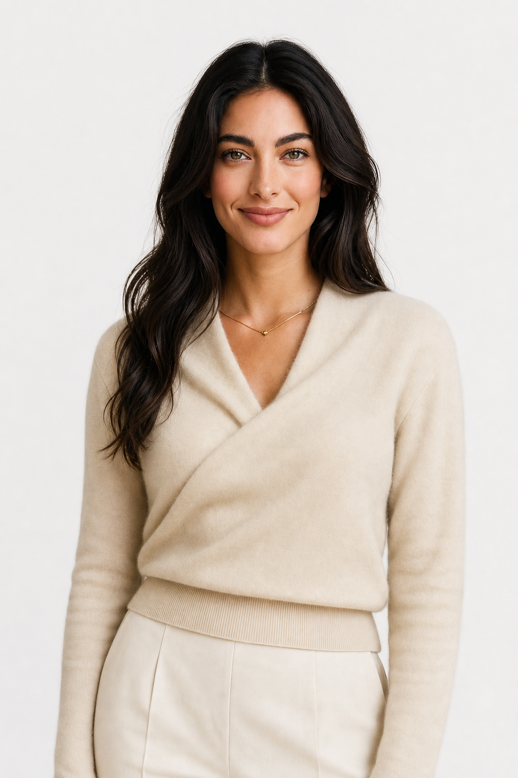 Helen cashmere sweater for women by Christine Brewer, soft beige knit with a relaxed fit and classic crew neckline.